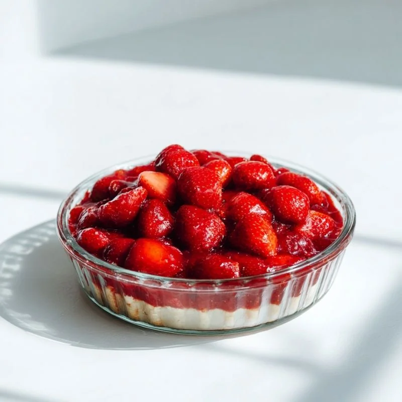 strawberry dessert in glass bowl with fresh glossy strawberries and creamy base