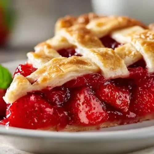 strawberry pie slice with lattice crust and juicy strawberry filling on a plate