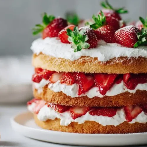 strawberry shortcake layered with whipped cream and fresh strawberries on white plate