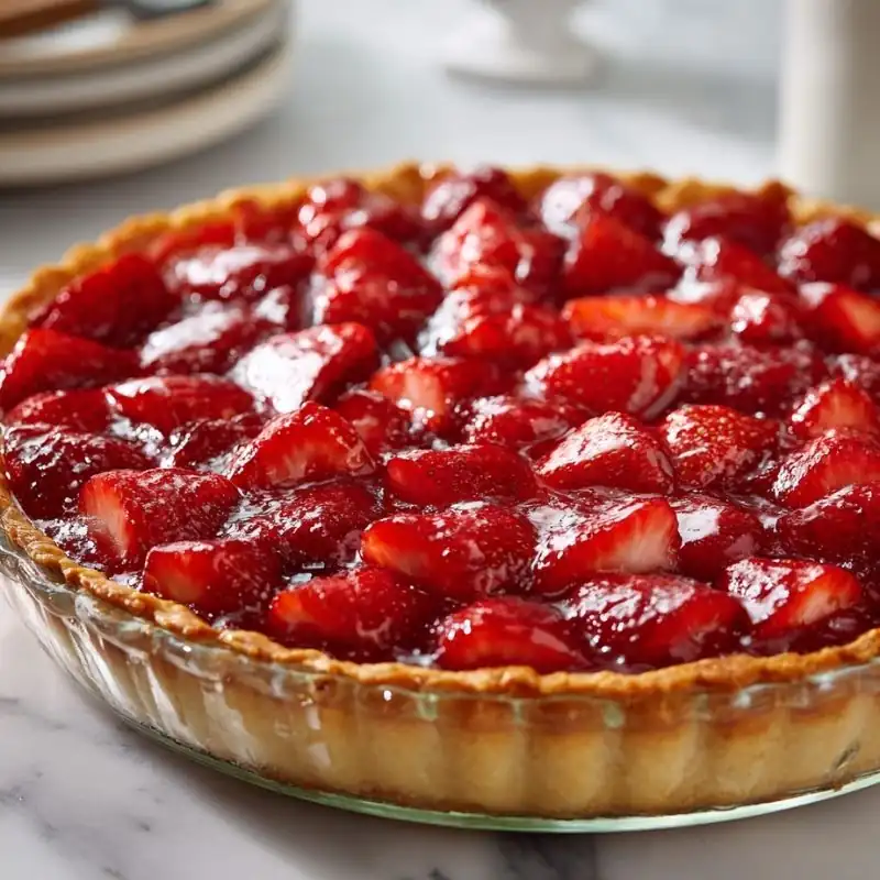 strawberry tart in glass dish with glossy fresh strawberries and golden crust