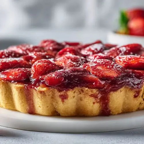 rustic strawberry tart with glossy baked strawberries and golden crust on a white plate with fresh berries around