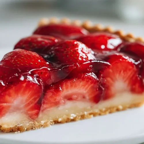 strawberry tart slice with glossy fresh strawberries and creamy filling on a plate
