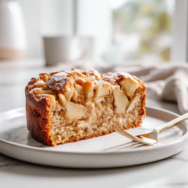 Slice of sugar-free apple cake with fresh apple chunks on plate