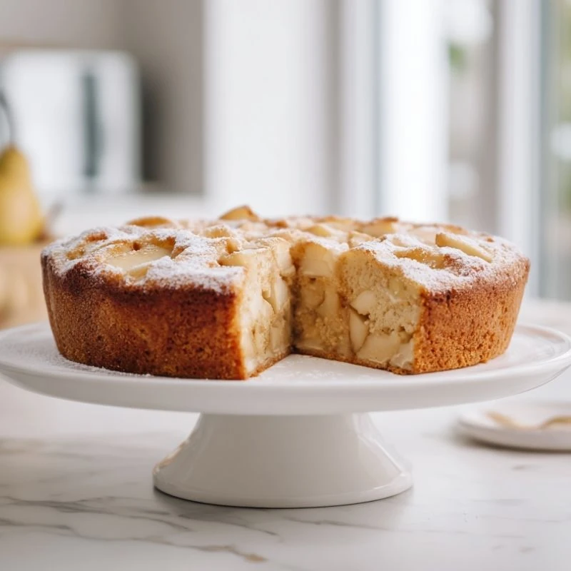 Sugar-free apple cake on white cake stand with slice removed