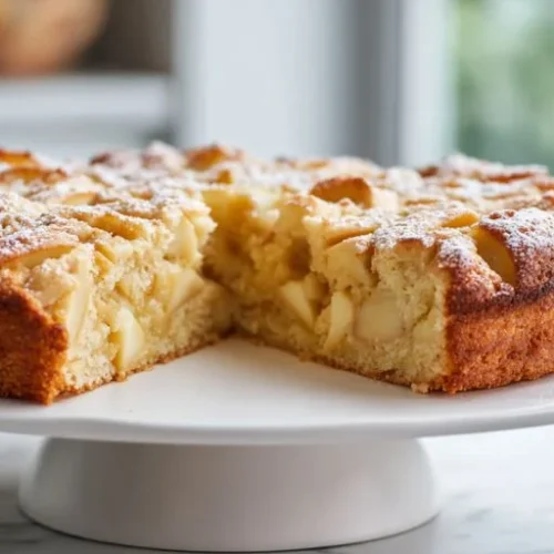 Sugar-free apple cake on cake stand with slice removed