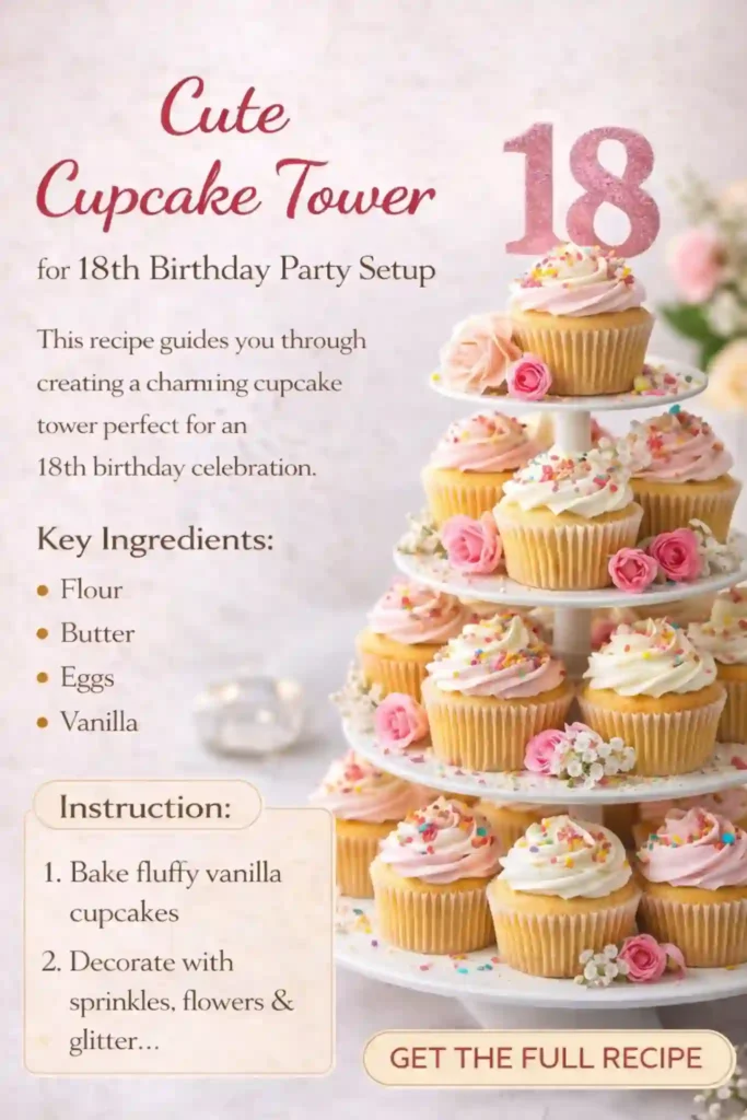Cute 18th Birthday Cupcake Tower with Sprinkles cute 18th birthday cupcake tower with pink frosting sprinkles and decorative topper
