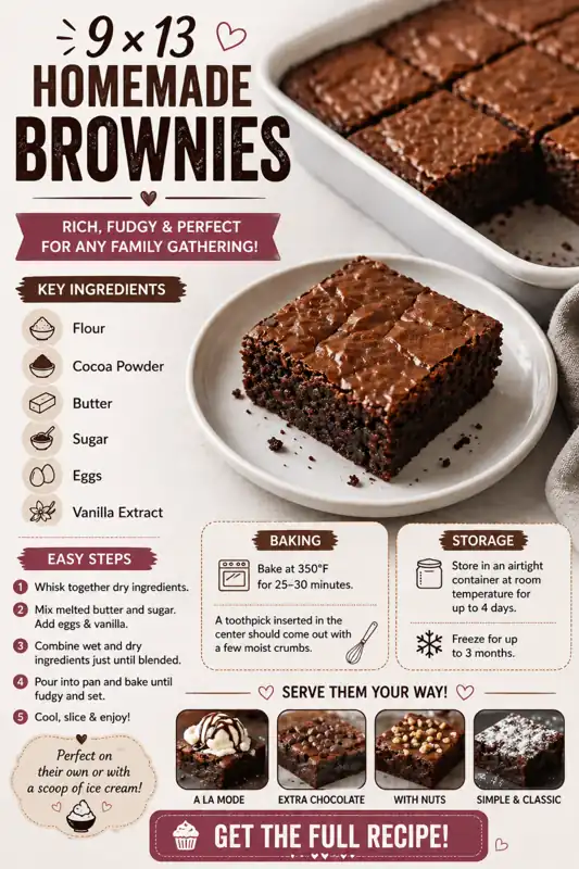 9x13 Homemade Brownies – Fudgy, Easy & Perfect for Any Gathering 9x13 homemade brownies with fudgy texture, crackly top, and sliced squares in a baking pan