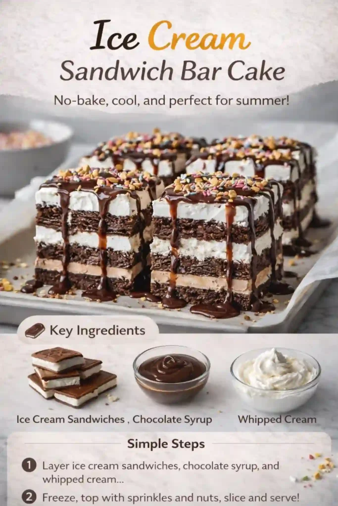 ice cream sandwich cake bars layered with chocolate syrup and whipped cream topped with sprinkles
