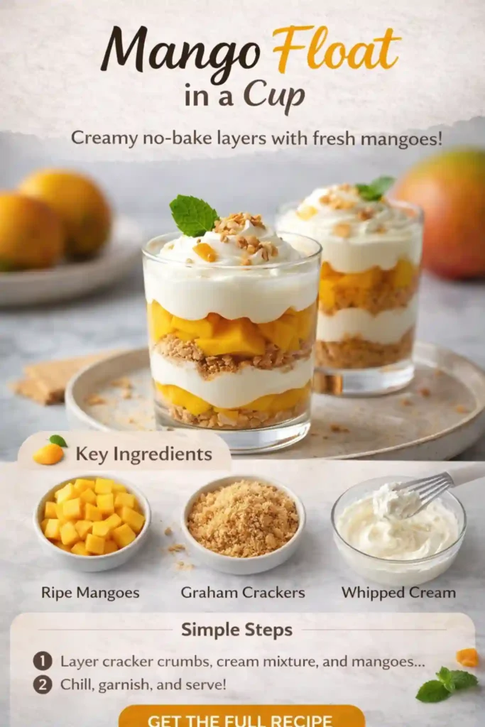 Mango Float in a Cup – Easy No-Bake Layered Dessert mango float in a cup with layered cream, ripe mango chunks, and graham cracker crumbs topped with whipped cream