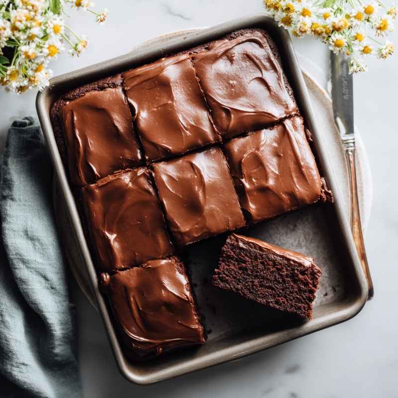 Chocolate cake squares with rich chocolate frosting in a baking pan