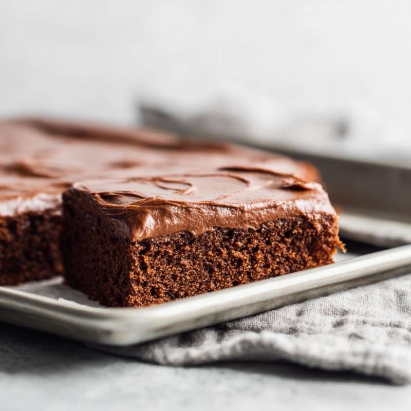 Chocolate sheet cake with smooth chocolate frosting cut into squares on a tray