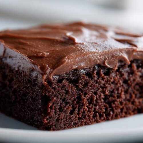 Moist chocolate cake slice with smooth chocolate frosting on a white plate