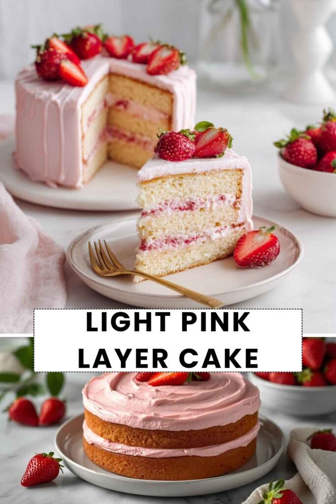 Pink Strawberry Cream Layer Cake Light pink strawberry cream layer cake with fresh strawberries and soft frosting