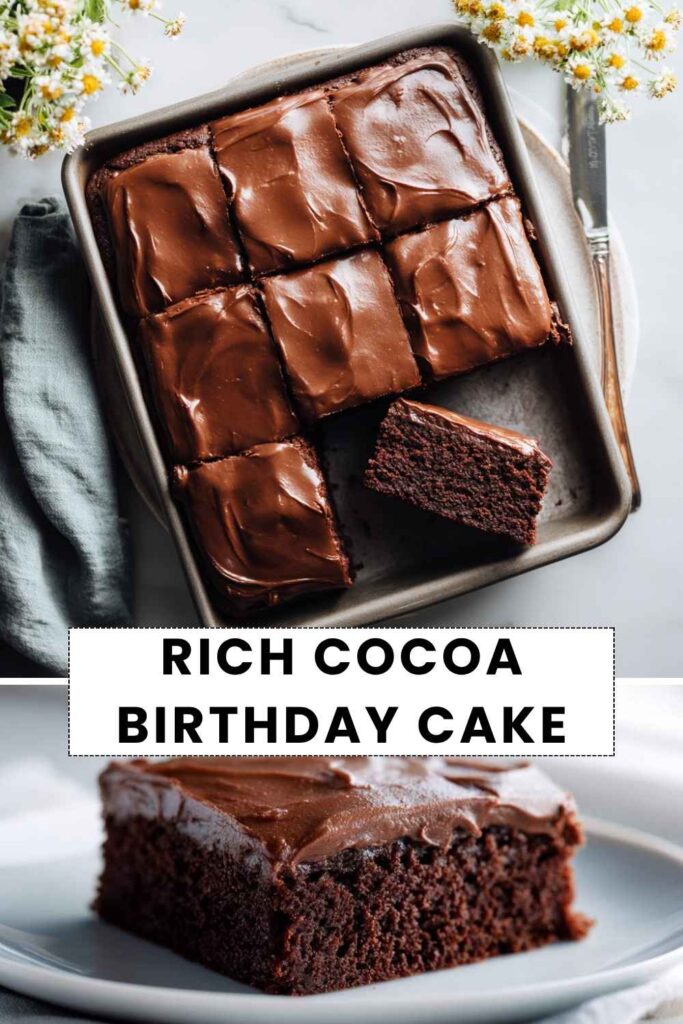 Rich cocoa birthday cake squares with smooth chocolate frosting in a baking pan