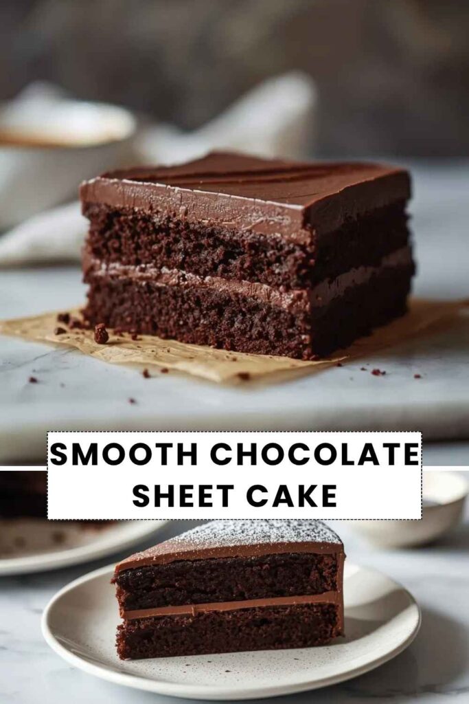 Smooth Chocolate Sheet Cake Recipe Smooth chocolate sheet cake with layered chocolate frosting and moist crumb