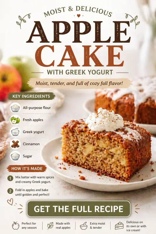 moist apple cake with greek yogurt, soft crumb texture and fresh apple chunks topped with cream