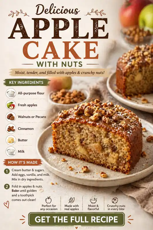 moist apple cake with nuts, soft crumb texture and fresh apple chunks topped with crunchy walnuts