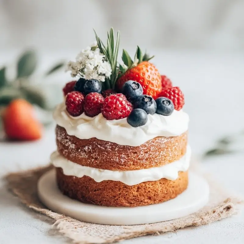 berry cream layer cake topped with strawberries blueberries and raspberries with soft frosting