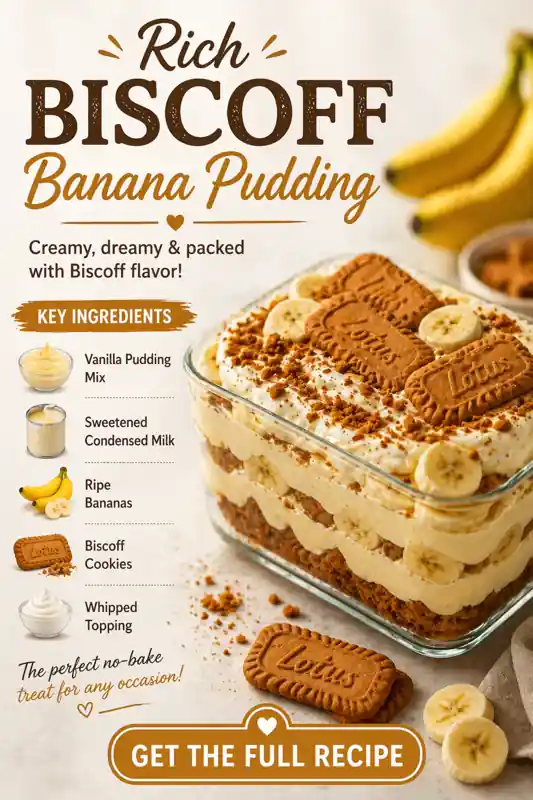Biscoff Banana Pudding (No-Bake Creamy Dessert) biscoff banana pudding layered with cookies bananas and creamy vanilla pudding in glass dish