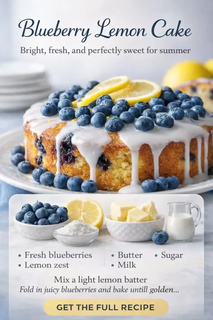 blueberry lemon cake with fresh blueberries lemon slices and white glaze frosting