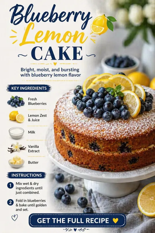 Blueberry Lemon Cake – Moist & Zesty Homemade Dessert blueberry lemon cake topped with fresh blueberries lemon slices and powdered sugar