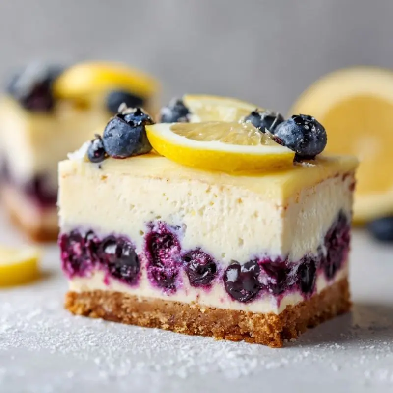 Blueberry Lemon Cheesecake Bars with Creamy Texture blueberry lemon cheesecake bar with creamy filling graham crust topped with lemon slice and fresh blueberries