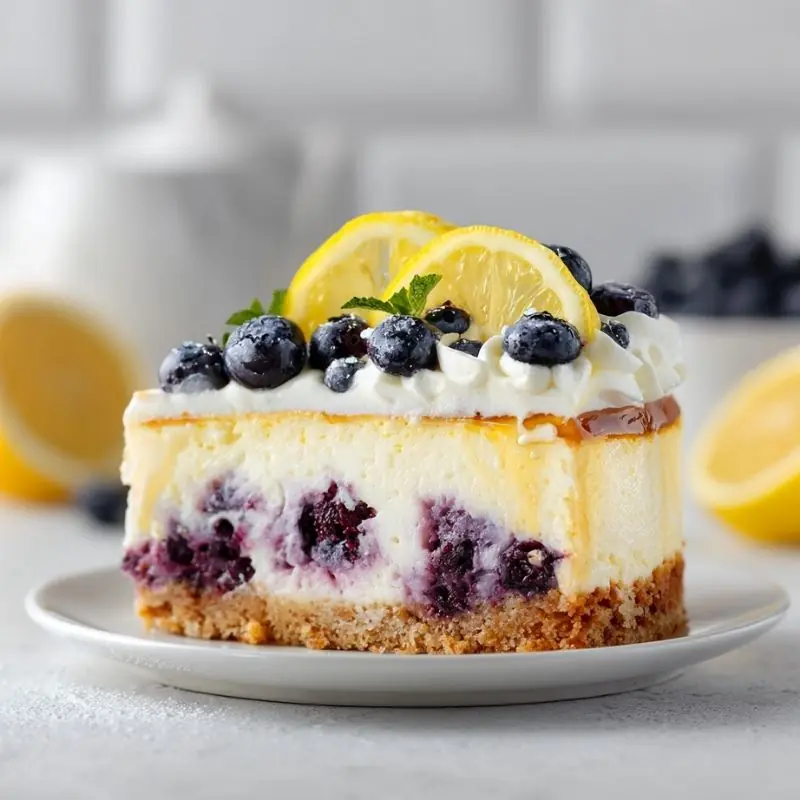 Blueberry Lemon Cheesecake Slice with Creamy Layers blueberry lemon cheesecake slice with creamy filling graham crust topped with lemon slices and fresh blueberries