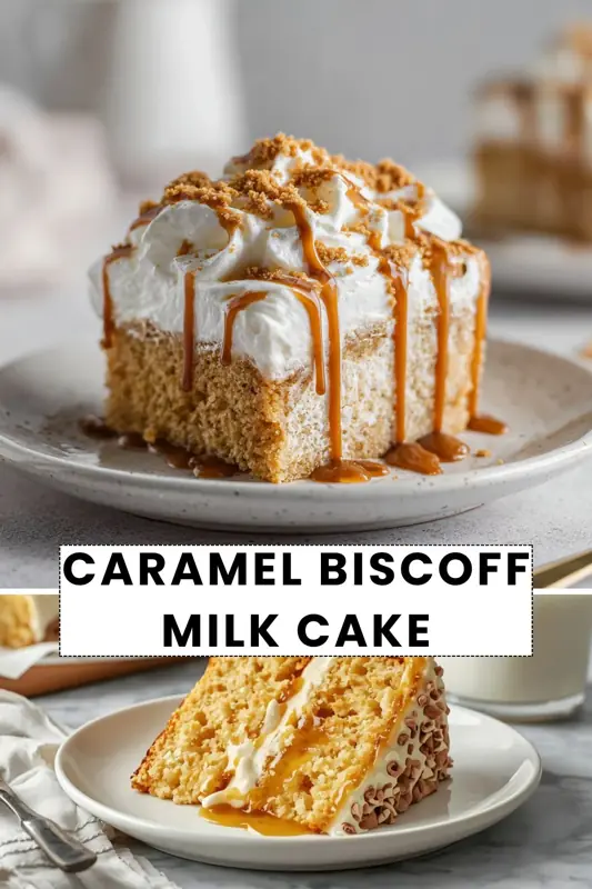 caramel biscoff milk cake topped with whipped cream and caramel drizzle on soft sponge cake