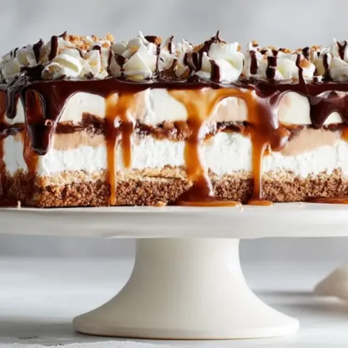 caramel chocolate drip cake with whipped cream layers on white cake stand