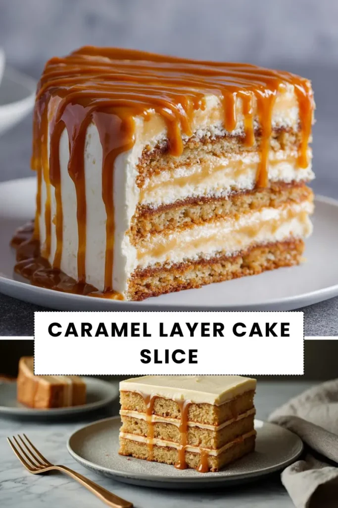 Caramel Layer Cake Slice – Soft Cake with Rich Caramel Drizzle caramel layer cake slice with creamy frosting and rich caramel drizzle
