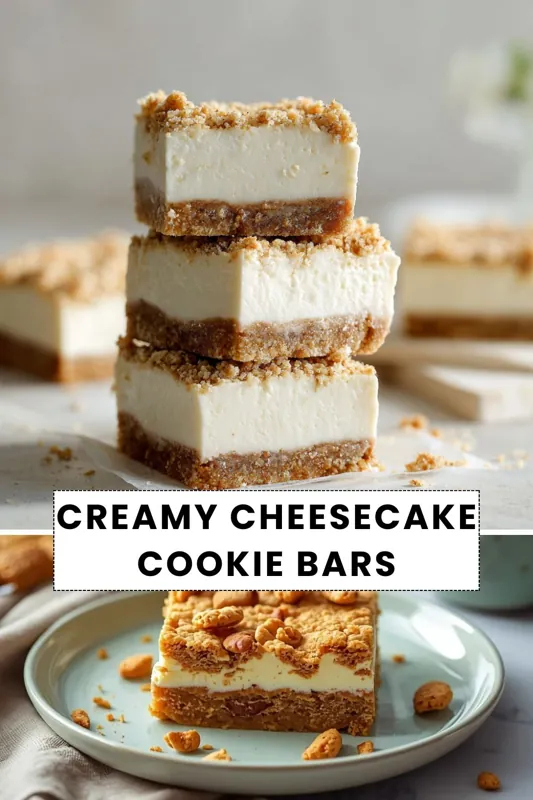 Creamy Cheesecake Cookie Bars – Easy Layered Dessert Recipe creamy cheesecake cookie bars with crumb crust and layered filling stacked on plate