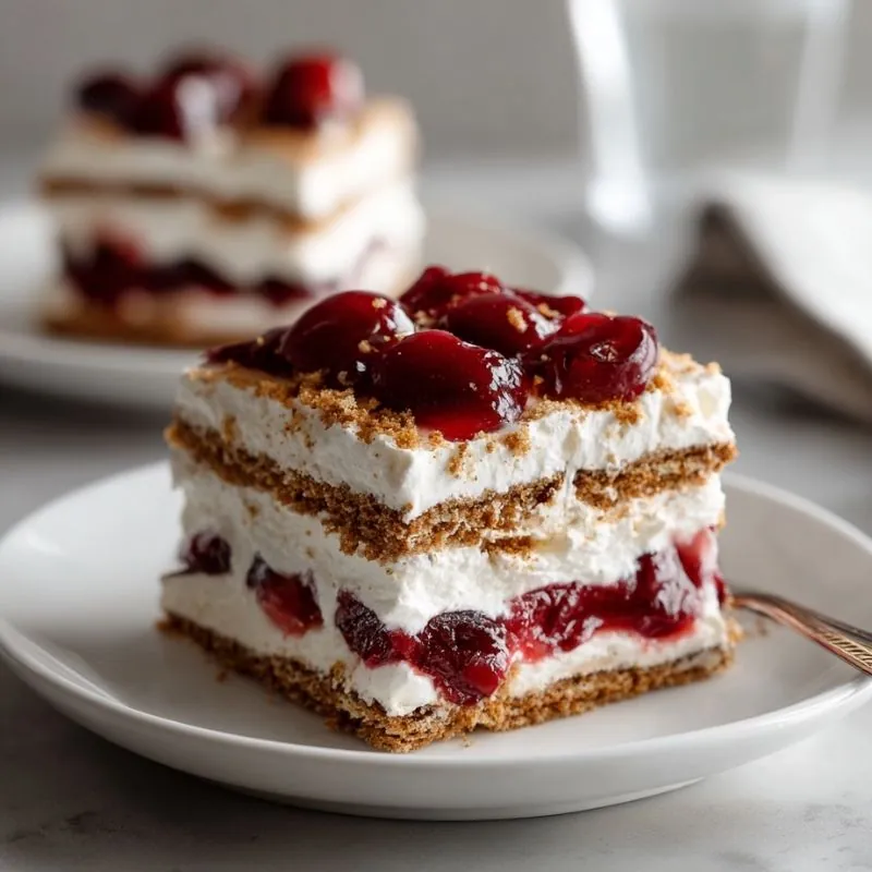 cherry cream dessert bars with layered filling and graham crust