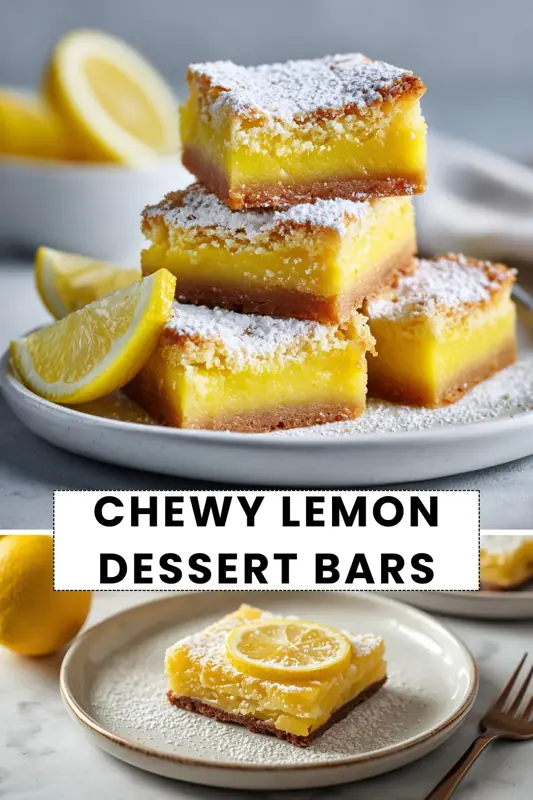 Chewy Lemon Dessert Bars – Sweet & Tangy Treat chewy lemon dessert bars with powdered sugar topping and buttery crust layered dessert