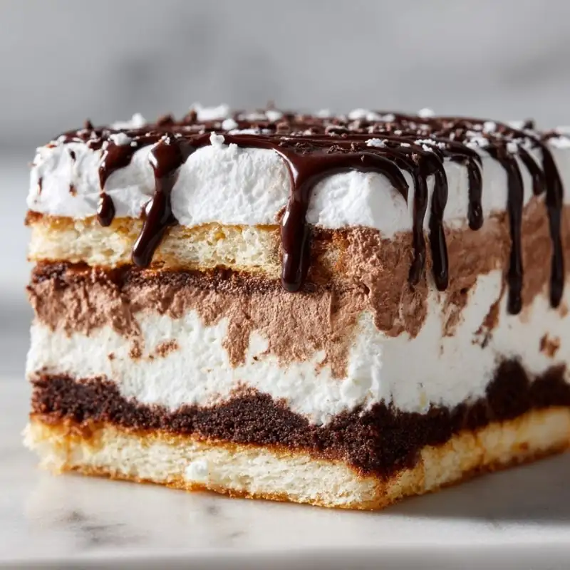 Decadent Layered Chocolate Ice Cream Cake with Creamy Texture layered chocolate ice cream cake with whipped cream topping and chocolate drizzle