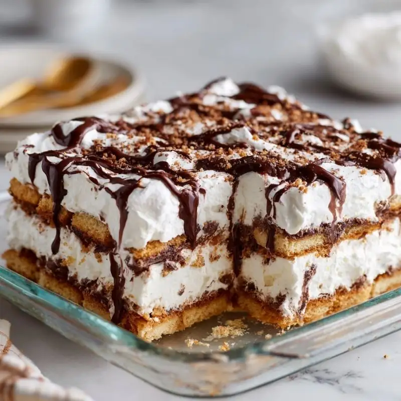 Chocolate Cream Layer Dessert – Easy No-Bake Treat chocolate cream layered dessert with whipped cream graham layers and chocolate drizzle