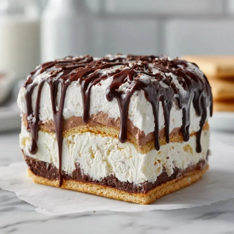 chocolate ice cream layered dessert with whipped cream layers and chocolate drizzle