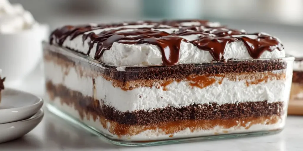 chocolate layered dessert in glass dish with whipped cream layers and chocolate drizzle