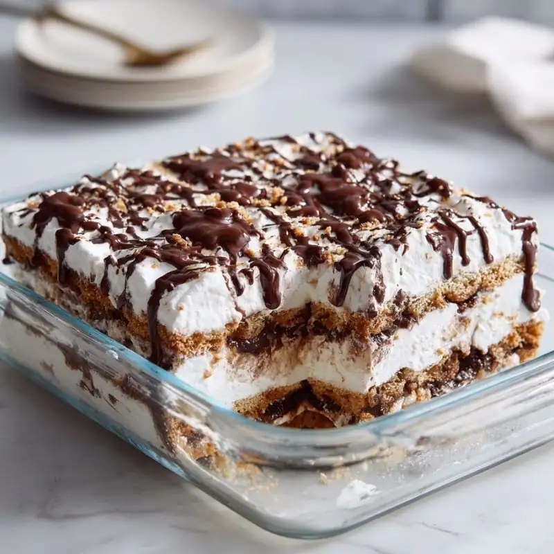 No-Bake Chocolate Layered Dessert – Creamy & Easy no bake chocolate layered dessert with whipped cream graham layers and chocolate drizzle
