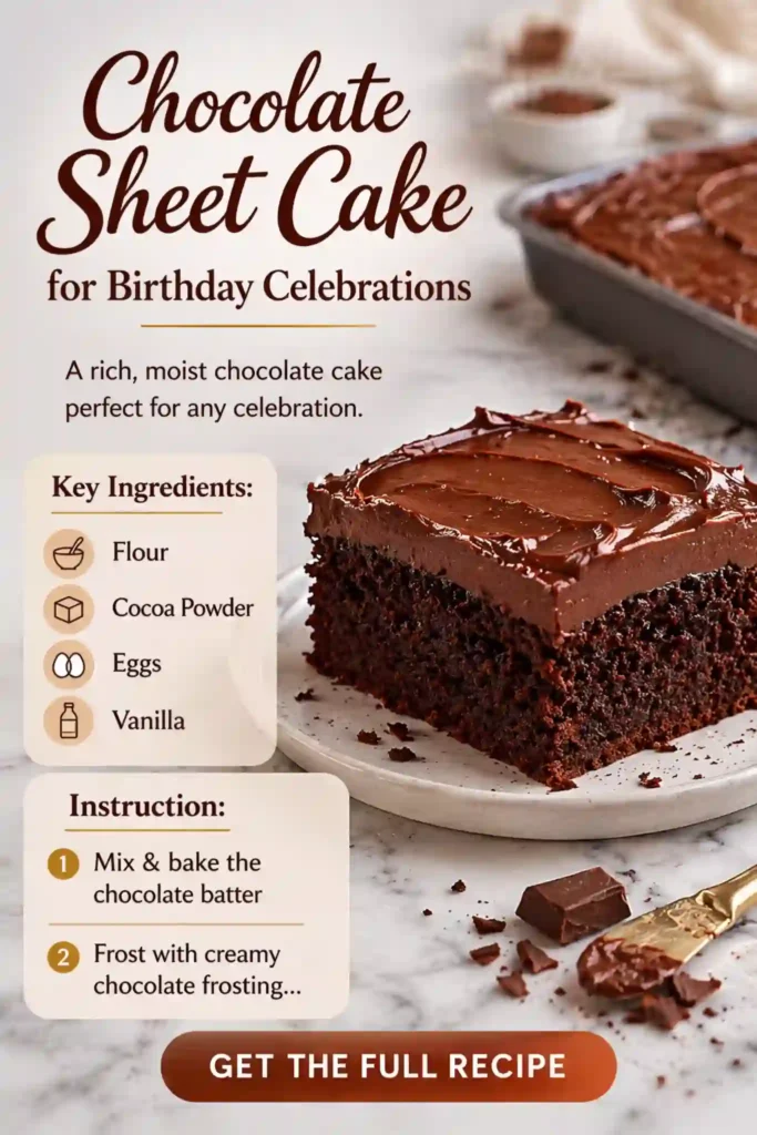 Rich Chocolate Sheet Cake for Birthday Celebrations rich chocolate sheet cake with thick creamy frosting slice on plate for birthday celebration