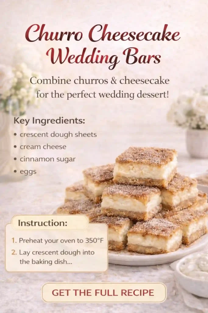 churro cheesecake wedding bars with cinnamon sugar topping and creamy layers