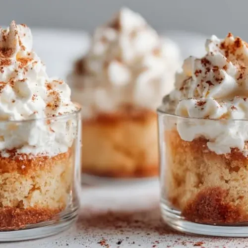 mini cake cups with whipped cream topping and cinnamon dust served in glass jars