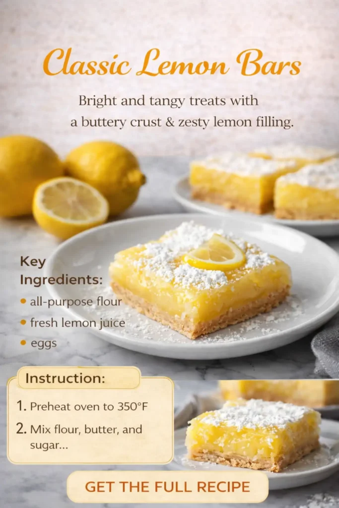 Classic Lemon Bars Recipe – Easy Buttery & Tangy Dessert classic lemon bars with powdered sugar on buttery crust and fresh lemon slice on top
