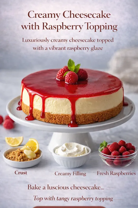 Creamy Cheesecake with Raspberry Topping – Rich & Elegant Dessert creamy cheesecake with raspberry topping and fresh raspberries on graham cracker crust