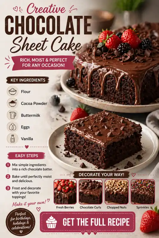 Creative Chocolate Sheet Cake – Rich, Moist & Easy Dessert Recipe Chocolate sheet cake with glossy chocolate frosting, berries, and decorative toppings