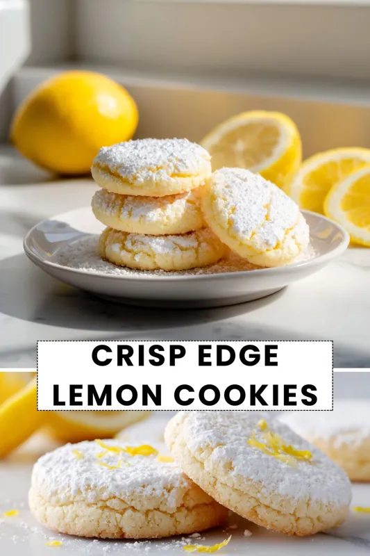 Crisp Edge Lemon Cookies – Light & Zesty Treat crisp edge lemon cookies with powdered sugar coating and fresh lemon slices