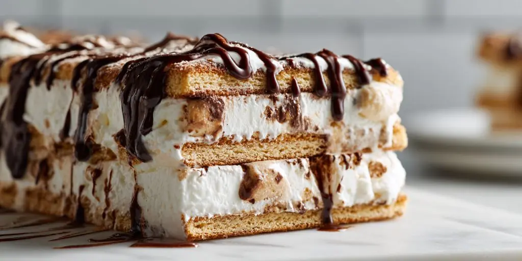 chocolate ice cream sandwich cake layered with vanilla ice cream and chocolate drizzle