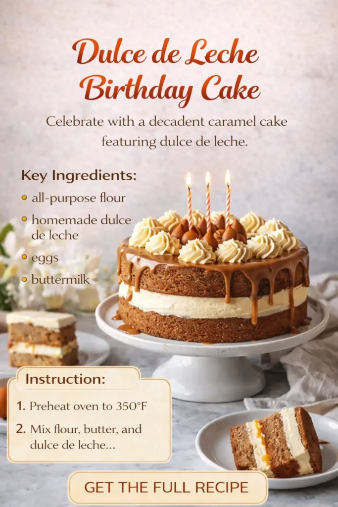 Dulce de Leche Birthday Cake Recipe – Rich Caramel Layer Cake dulce de leche birthday cake with caramel drizzle buttercream layers and candles on cake stand
