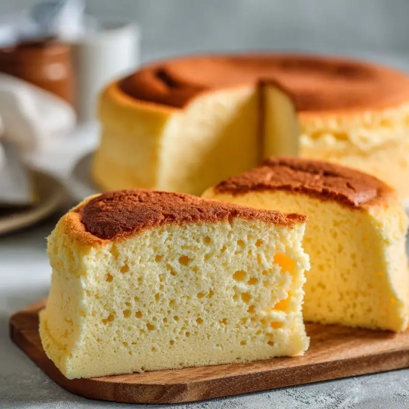 fluffy sponge cake slice with soft airy texture on wooden board