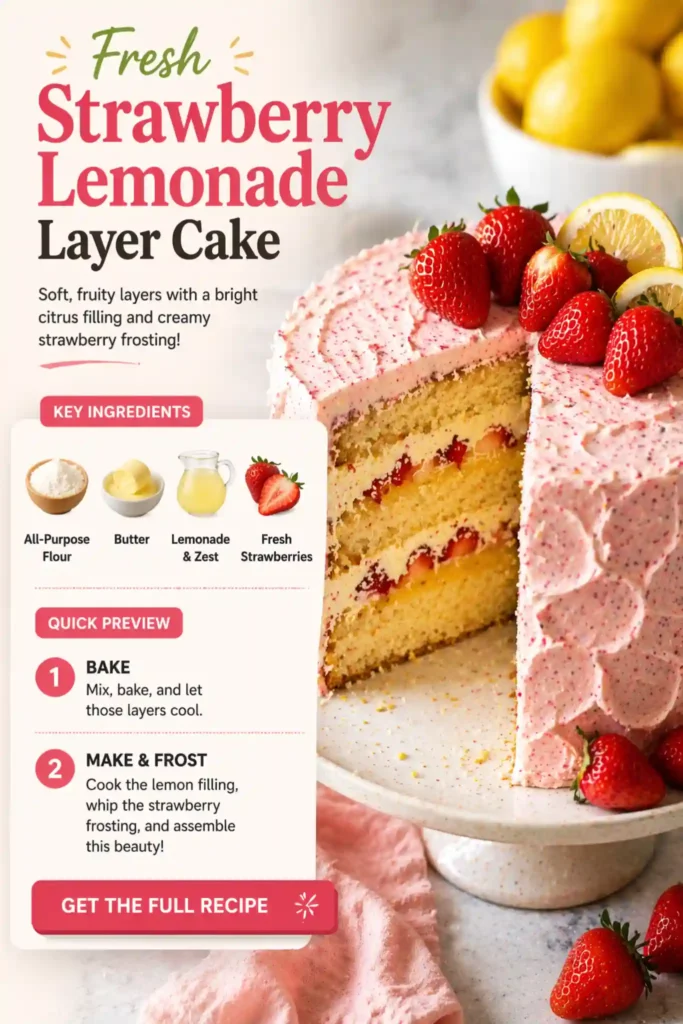 Fresh Strawberry Lemonade Layer Cake – Citrus Filled Summer Dessert strawberry lemonade layer cake with citrus filling fresh strawberries and creamy frosting