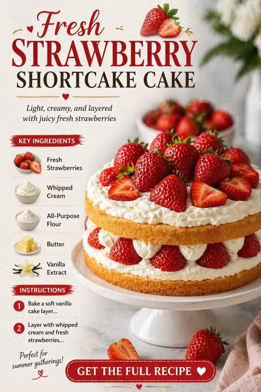 Fresh Strawberry Shortcake Cake – Light & Creamy Summer Dessert fresh strawberry shortcake cake with whipped cream layers and whole strawberries on top